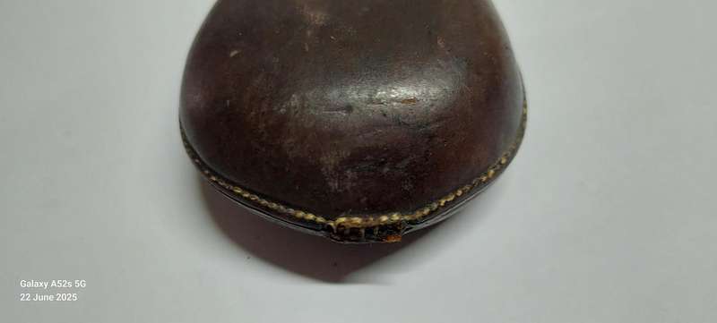 Rare!! 19th century leather & brass bird shot flask with bird shot inside circa 1850's Value R2500