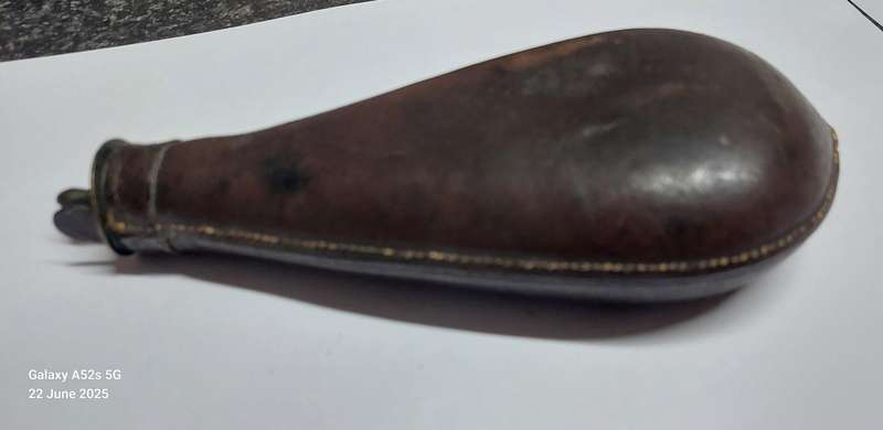Rare!! 19th century leather & brass bird shot flask with bird shot inside circa 1850's Value R2500