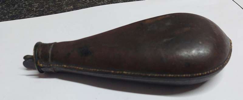 Rare!! 19th century leather & brass bird shot flask with bird shot inside circa 1850's Value R2500