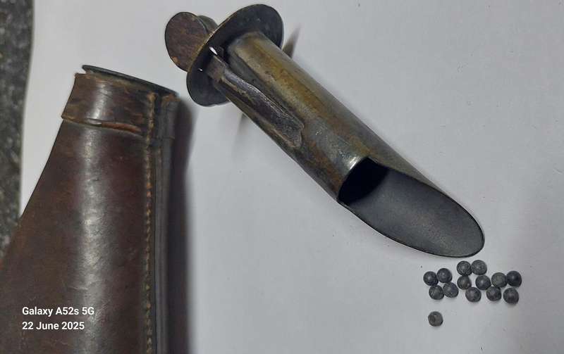 Rare!! 19th century leather & brass bird shot flask with bird shot inside circa 1850's Value R2500