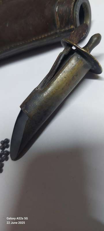 Rare!! 19th century leather & brass bird shot flask with bird shot inside circa 1850's Value R2500