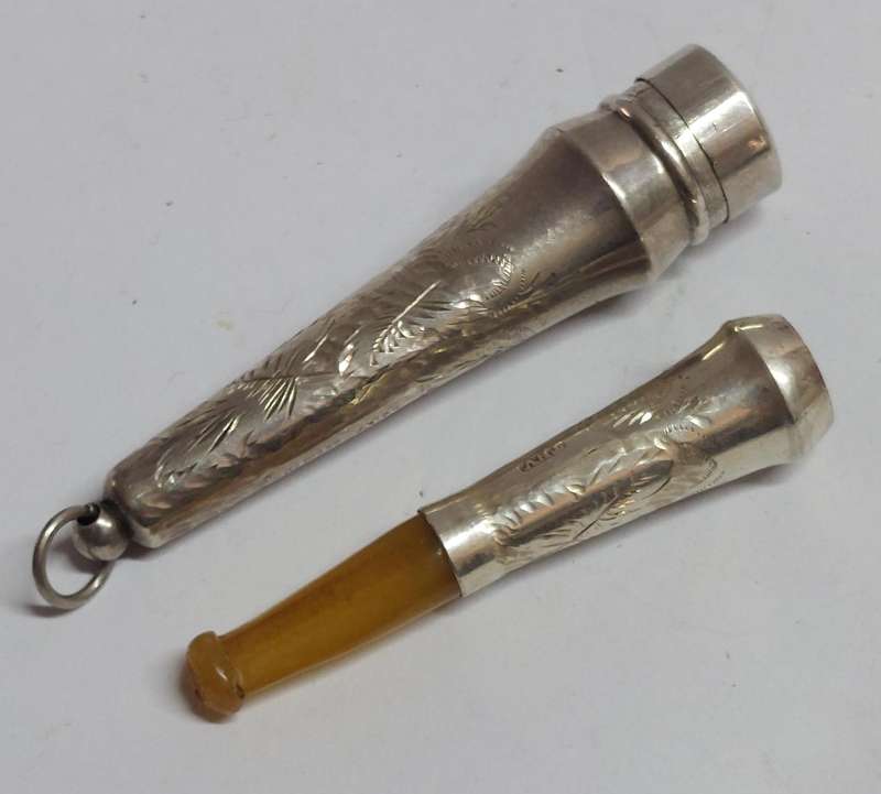 Exquisite 1914 Birmingham silver & amber cigarette holder with case Value R1500