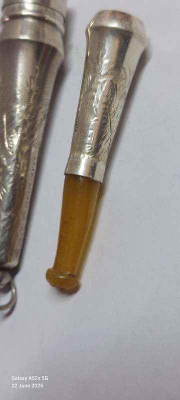 Exquisite 1914 Birmingham silver & amber cigarette holder with case Value R1500