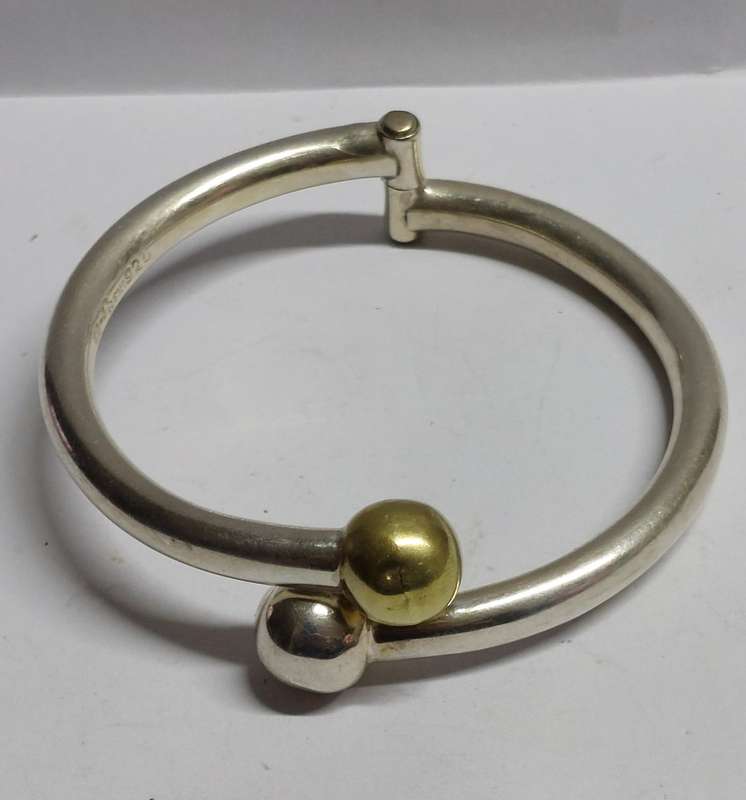 Amazing vintage Taxco Mexican sterling silver & brass bangle 25.4g