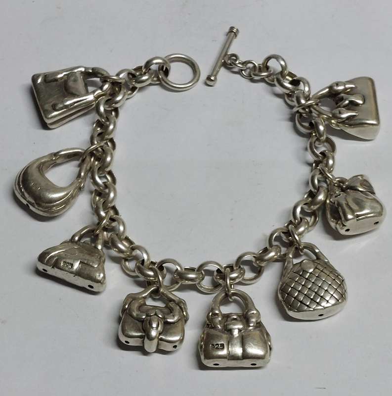 Spectacular large sterling silver handbag charm bracelet 33.7g