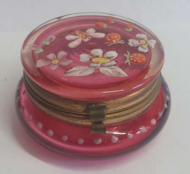 Magnificent Victorian enamel painted cranberry glass trinket box circa 1890's