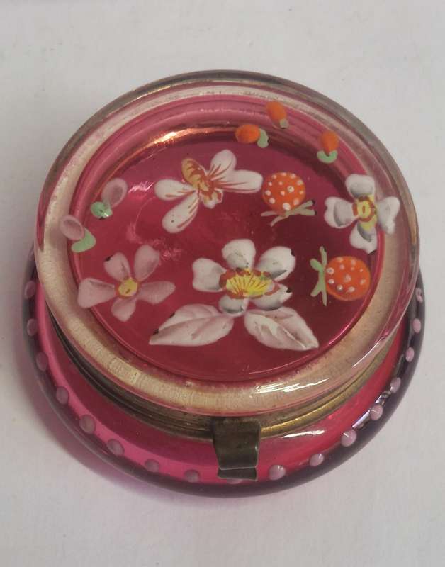 Magnificent Victorian enamel painted cranberry glass trinket box circa 1890's