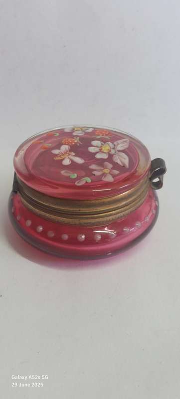 Magnificent Victorian enamel painted cranberry glass trinket box circa 1890's