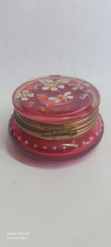Magnificent Victorian enamel painted cranberry glass trinket box circa 1890's