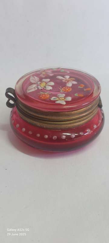 Magnificent Victorian enamel painted cranberry glass trinket box circa 1890's