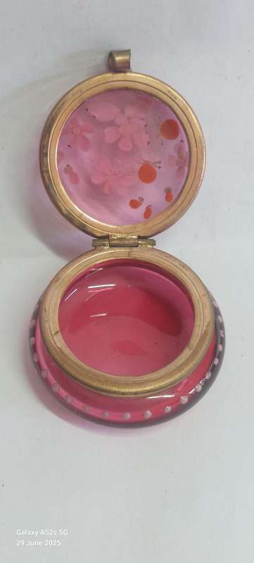 Magnificent Victorian enamel painted cranberry glass trinket box circa 1890's
