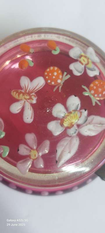Magnificent Victorian enamel painted cranberry glass trinket box circa 1890's