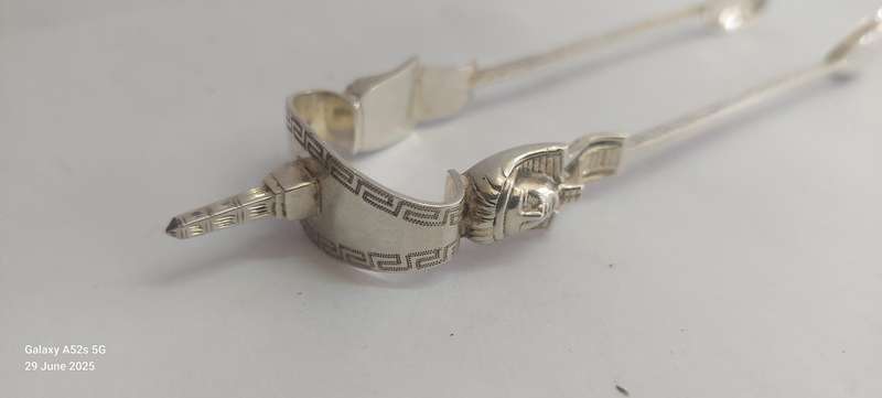 Exquisite Egyptian revival 1879 Birmingham silver tongs by Hilliard & Thompson 19.6g Value R2500