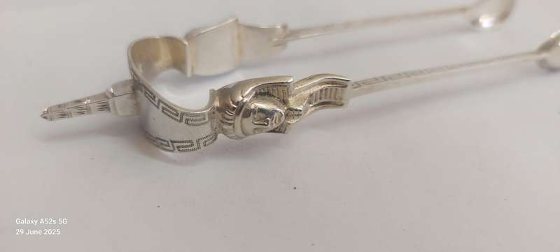 Exquisite Egyptian revival 1879 Birmingham silver tongs by Hilliard & Thompson 19.6g Value R2500