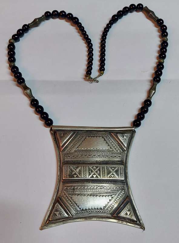 Magnificent Antique Sterling silver Toureg t Amulet with onyx & silver beads circa 1910 Value R5500