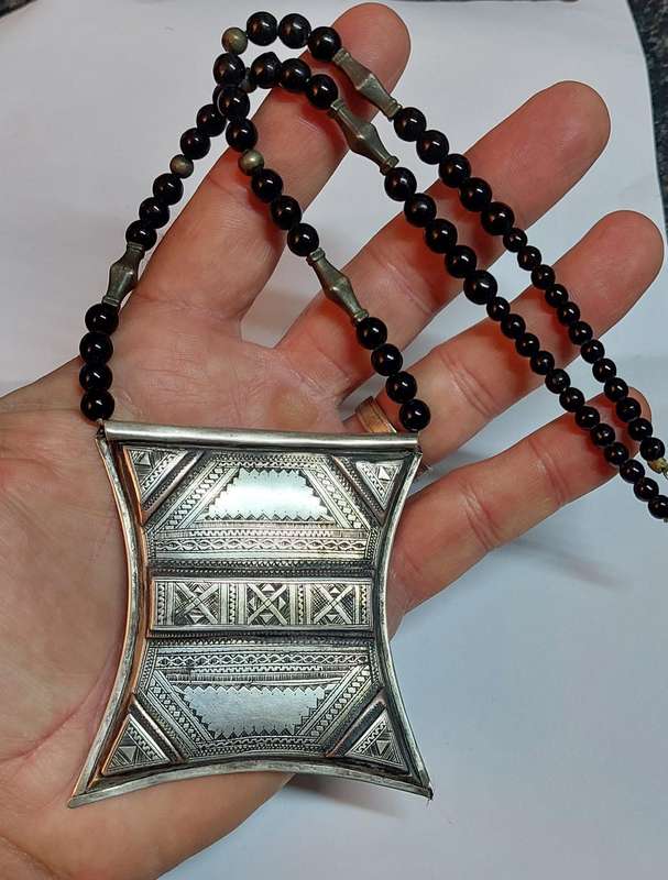 Magnificent Antique Sterling silver Toureg t Amulet with onyx & silver beads circa 1910 Value R5500