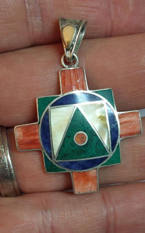 Spectacular vintage 950 Mexican silver coral, lapis etc. Pendant 8.4g