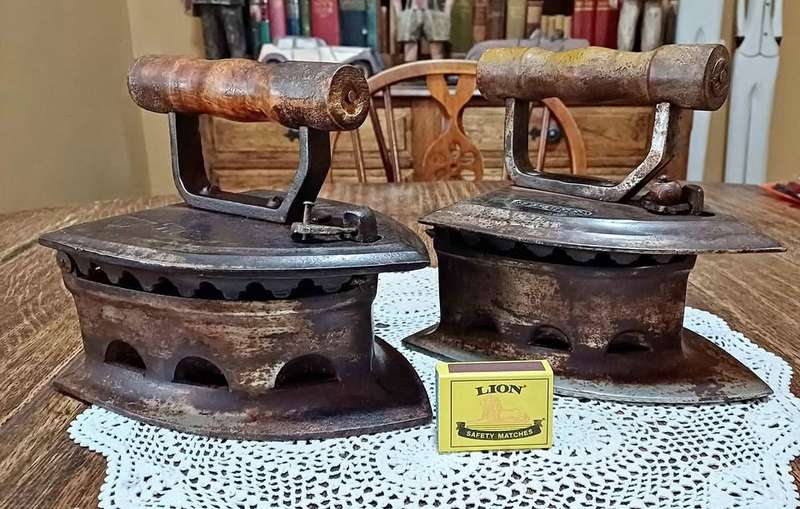 Pair of large antique Special number 10. Tested Coal Irons, latched with wooden handles