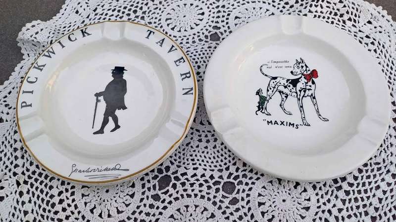 2 Vintage ashtrays - Pickwick Tavern and Maxims - Continental China