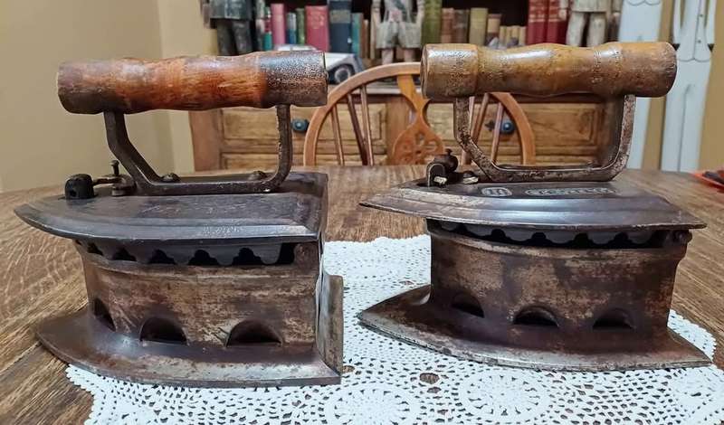 Pair of large antique Special number 10. Tested Coal Irons, latched with wooden handles