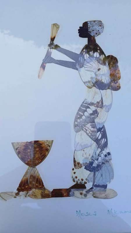 Vintage African Artists Butterfly Wing Art - Signed And framed. Moses Mkumu