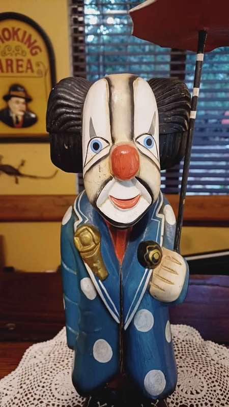 Vintage Wooden Clown with Umbrella - Hand carved and painted (Possibly Gilde)
