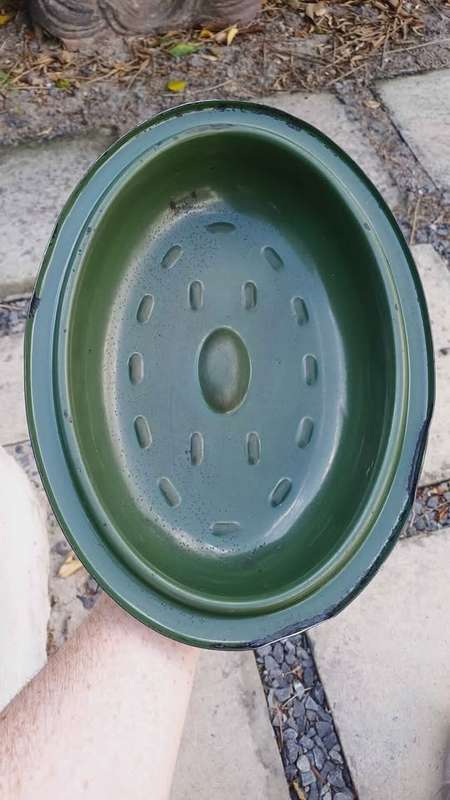 Vintage green enamel roasting pan with lid