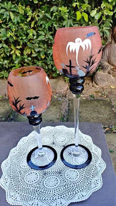 Set of 3 oversize gothic style glass Halloween candle holders
