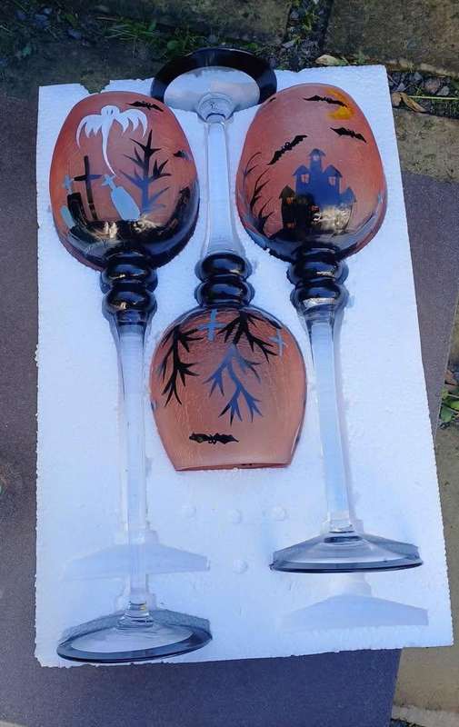 Set of 3 oversize gothic style glass Halloween candle holders