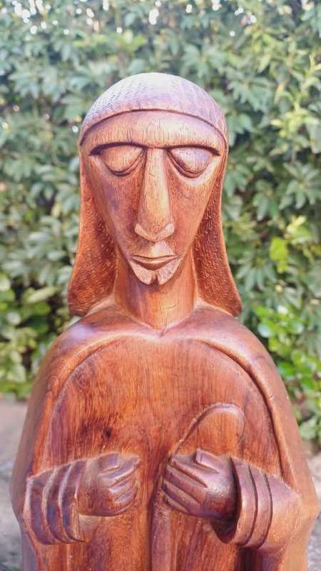 Large wooden Hand-Carved Monk in contemplation - 60cm tall