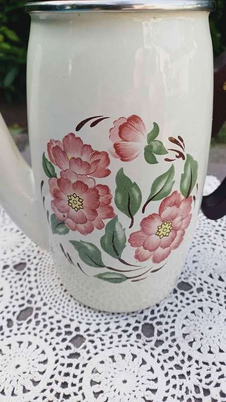Vintage Elegant Enamelled Coffee Pot with Floral Decoration