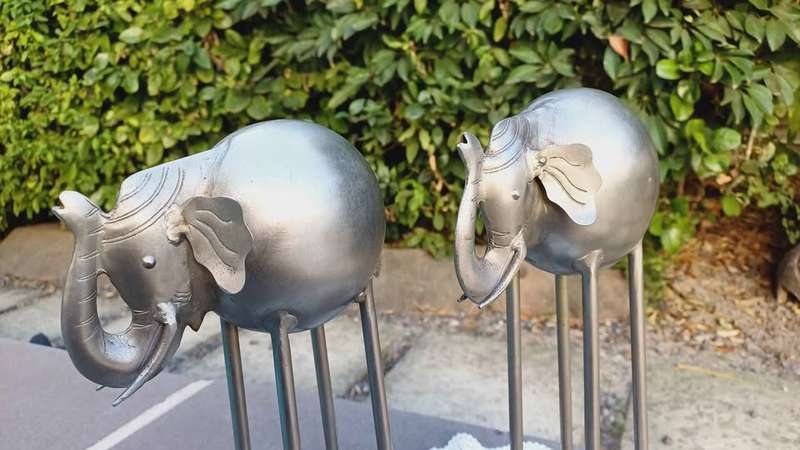 Pair of PIER 1 Pop Art 80s Metal Elephant Sculptures. Hand crafted