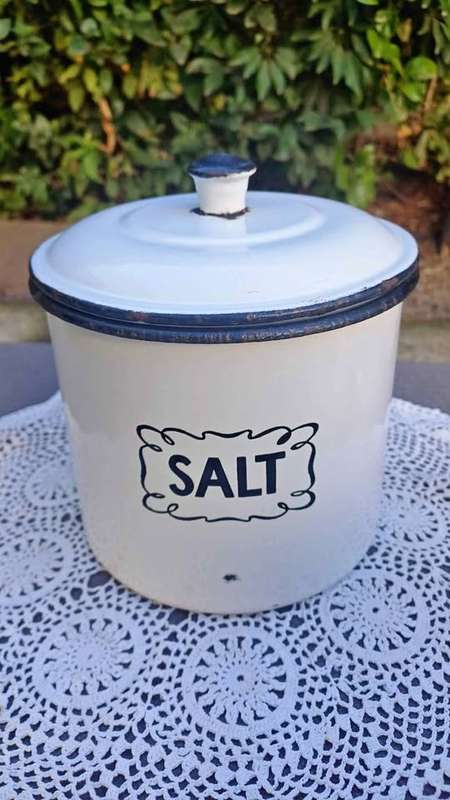 Vintage enamel salt container