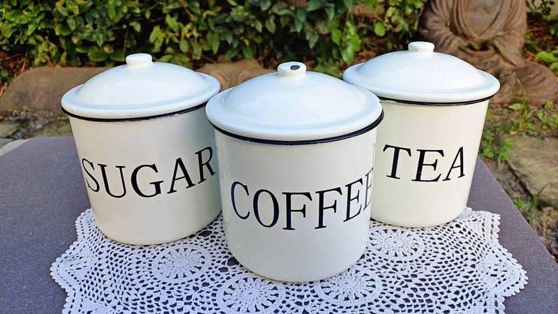 Vintage White Enamel Canister Set of 3: Coffee, Tea and Sugar