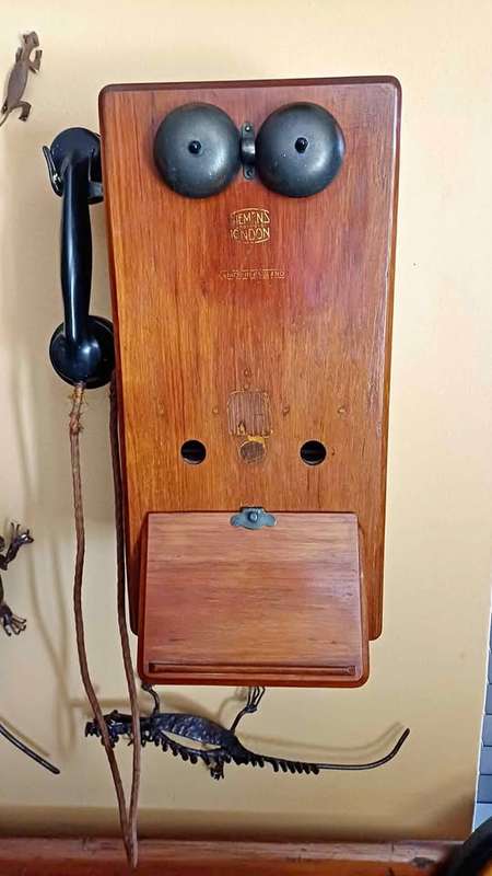 Antique Siemens Brothers wall mounted, wooden cased telephone. Made in England