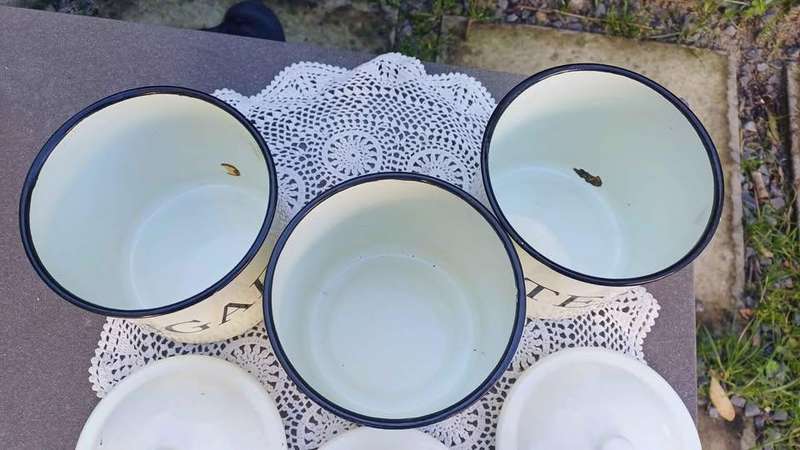Vintage White Enamel Canister Set of 3: Coffee, Tea and Sugar