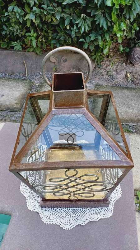 Large vintage metal and glass candle lantern or terrarium - 4 Sided - Ornately Scrolled