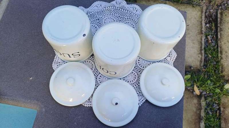 Vintage White Enamel Canister Set of 3: Coffee, Tea and Sugar