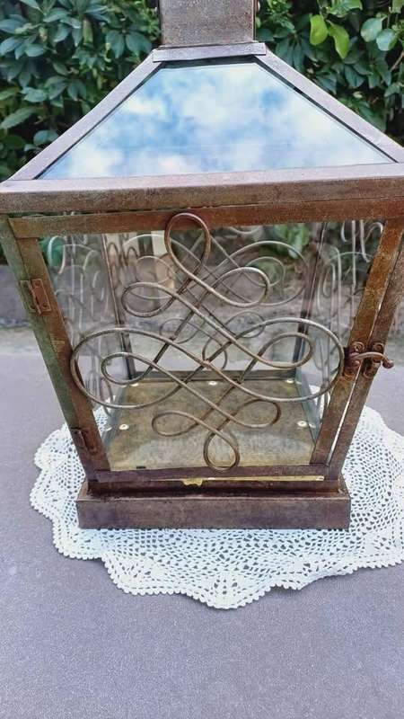 Large vintage metal and glass candle lantern or terrarium - 4 Sided - Ornately Scrolled