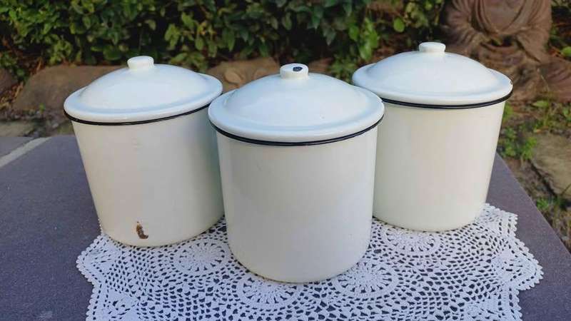 Vintage White Enamel Canister Set of 3: Coffee, Tea and Sugar