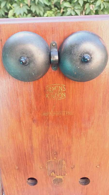Antique Siemens Brothers wall mounted, wooden cased telephone. Made in England