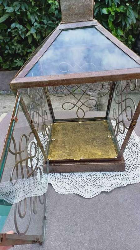 Large vintage metal and glass candle lantern or terrarium - 4 Sided - Ornately Scrolled