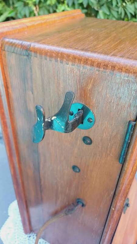 Antique Siemens Brothers wall mounted, wooden cased telephone. Made in England