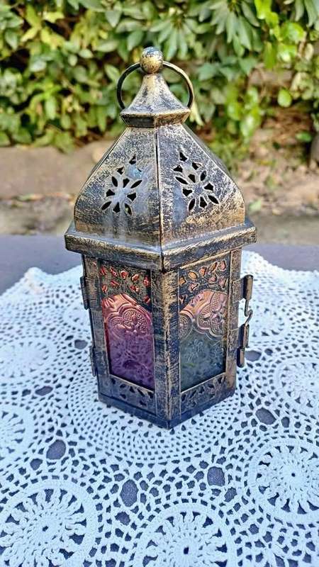 Hexagonal multicoloured metal & glass Moroccan-style lantern candle holder