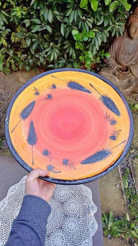 Unique large Fired Up Pottery Studio Guinea Fowl Feather platter - Cape Town 2012