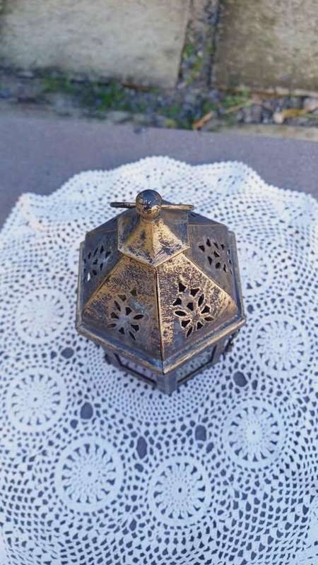 Hexagonal multicoloured metal & glass Moroccan-style lantern candle holder
