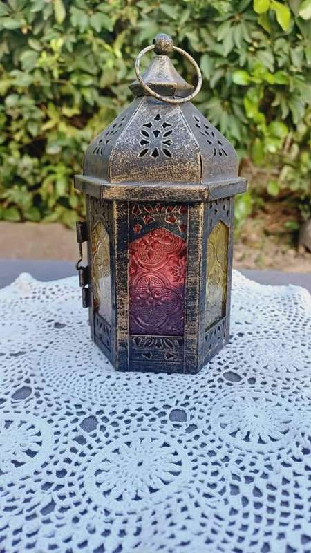 Hexagonal multicoloured metal & glass Moroccan-style lantern candle holder