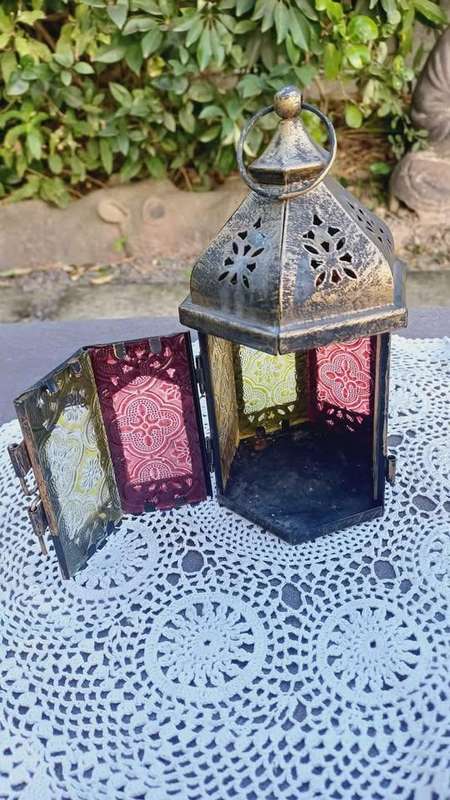 Hexagonal multicoloured metal & glass Moroccan-style lantern candle holder