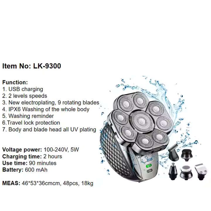 Cordless Hair Grooming Kit Rechargeable Waterproof Portable Bald Ball Razor Head Shavers for Mens 6