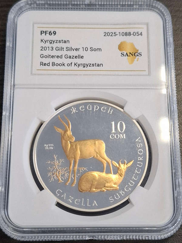 2013 Gilt Silver 1oz 10 Som Goitered Gazelle Red Book of Kyrgyzstan
